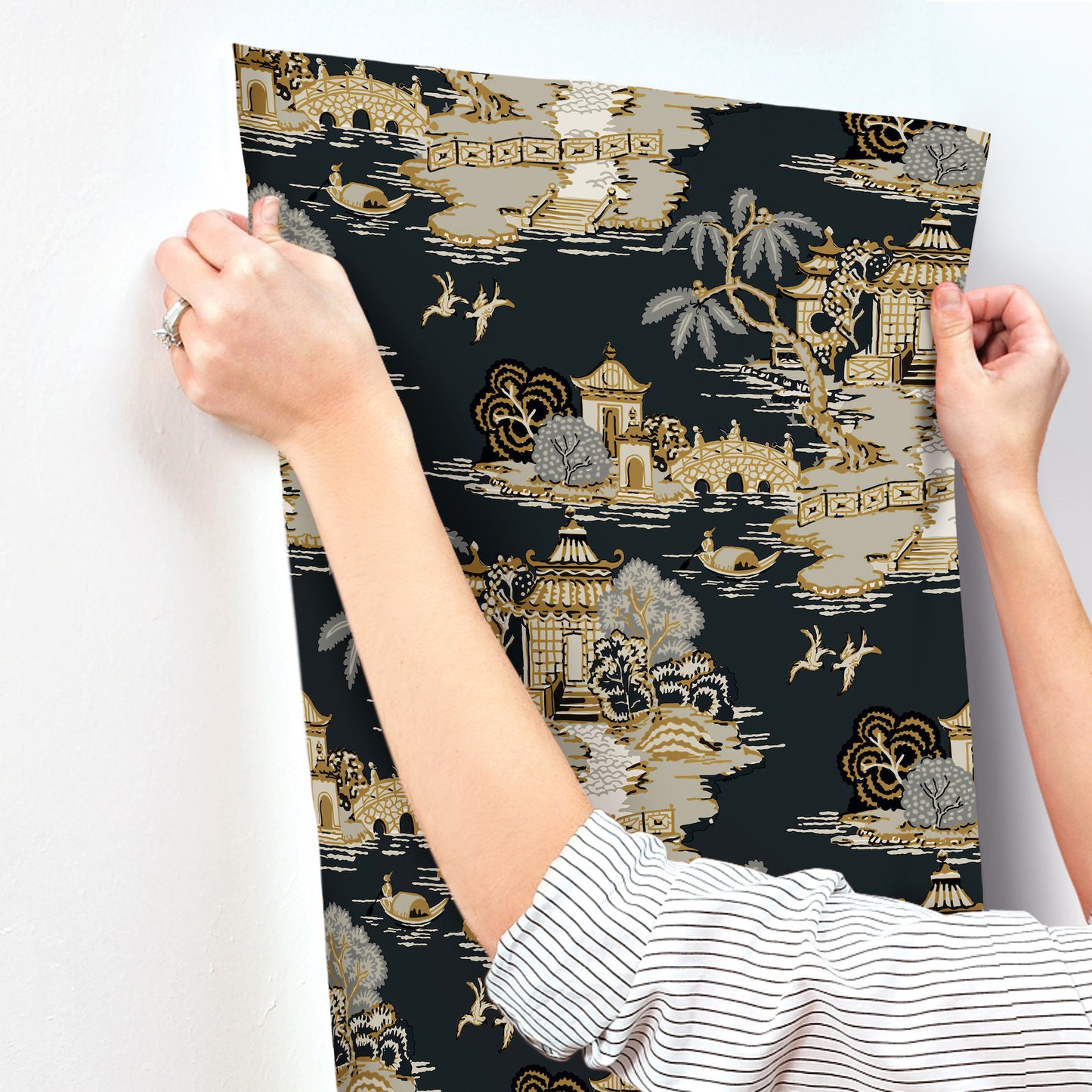 York Wallcoverings Toile Resource Library Pagoda And Sampan Scenic Black Wallpaper Modern Toile Blacks   - RT7902
