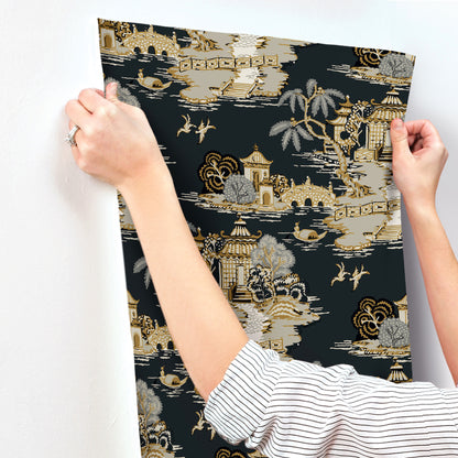 York Wallcoverings Toile Resource Library Pagoda And Sampan Scenic Black Wallpaper Modern Toile Blacks   - RT7902