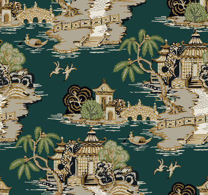 York Wallcoverings Toile Resource Library Pagoda And Sampan Scenic Forest Wallpaper Modern Toile Greens   - RT7903