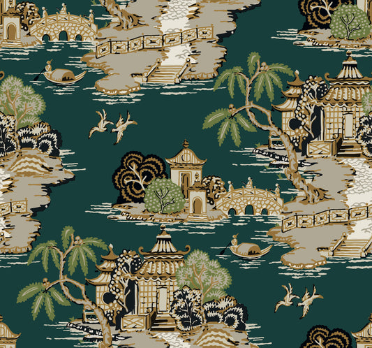 York Wallcoverings Toile Resource Library Pagoda And Sampan Scenic Forest Wallpaper Modern Toile Greens   - RT7903