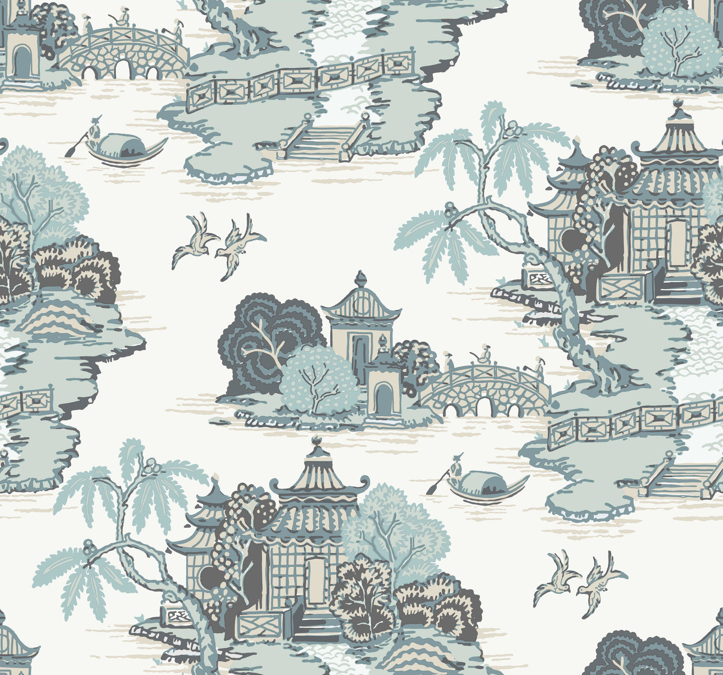 Wallpaper featuring a pagoda and sampan scenic chinoiserie landscape with bridges, boats and trees on ivory background.