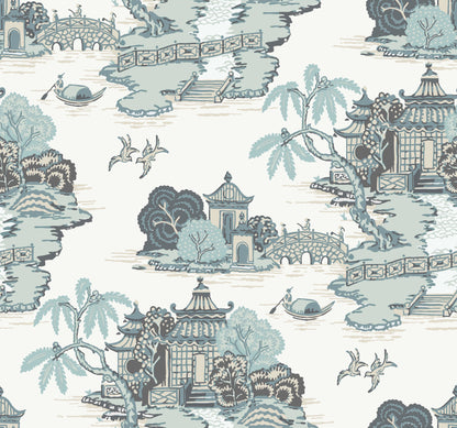 Wallpaper featuring a pagoda and sampan scenic chinoiserie landscape with bridges, boats and trees on ivory background.