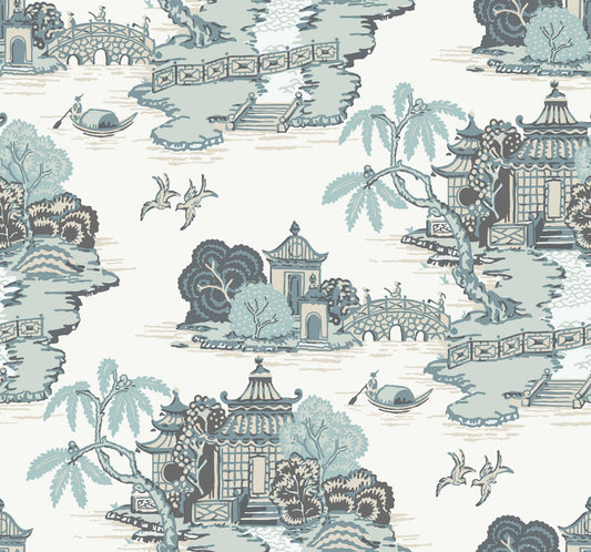 York Wallcoverings Toile Resource Library Pagoda And Sampan Scenic Seamist Wallpaper Modern Toile Whites and Off-Whites   - RT7904