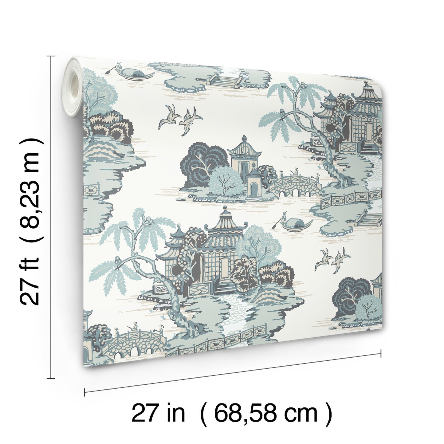 Blue-gray chinoiserie wallpaper panel with pagodas, bridges, and boats on ivory background; 27 in wide, 27 ft long roll.