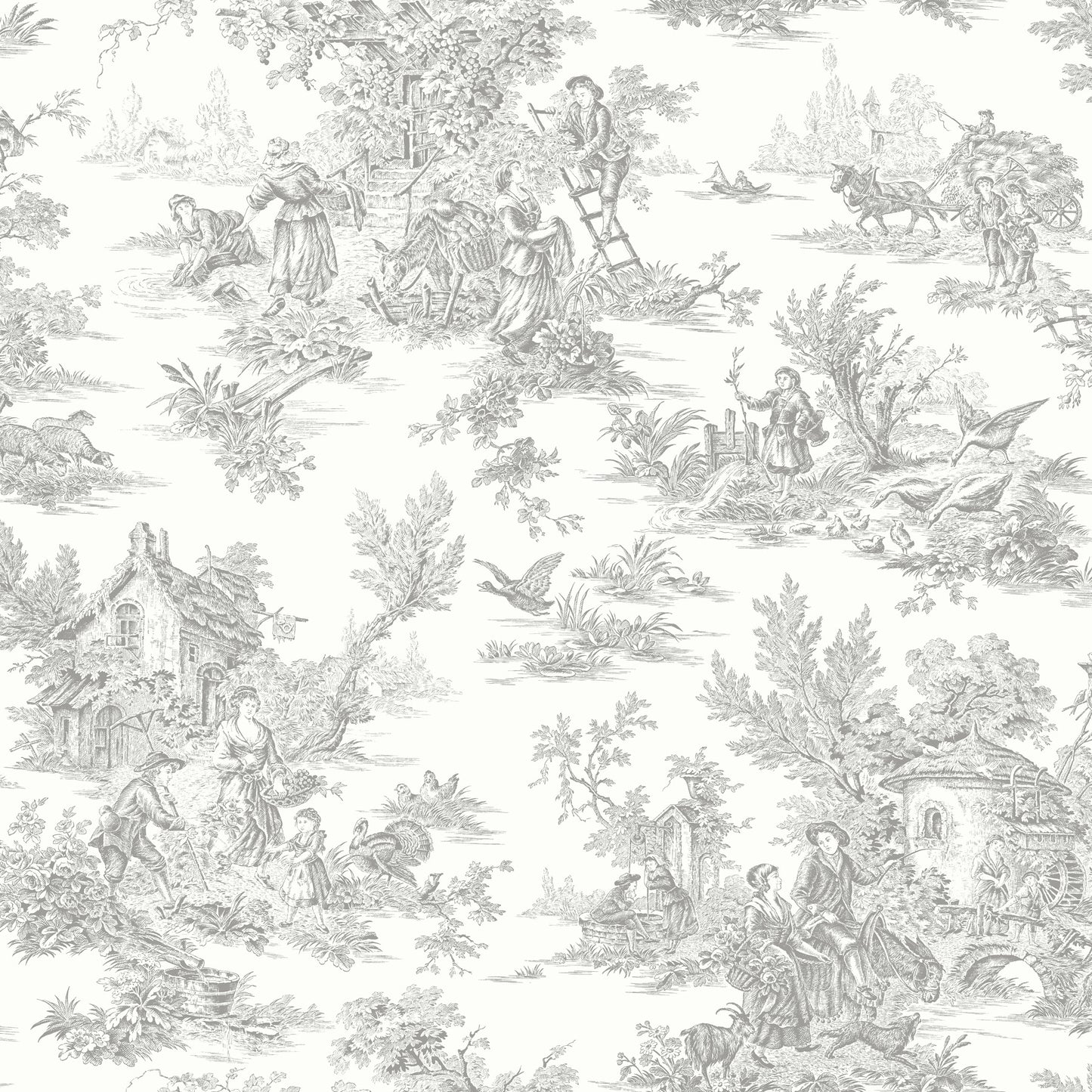 York Wallcoverings Blues II Campagne Toile Grey Wallpaper Traditional Toile Greys   - RT7940