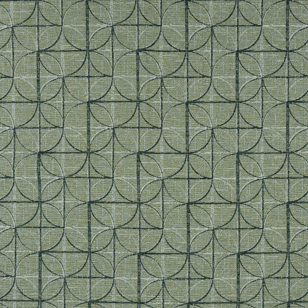 Moss green textured fabric with an interlocking circle motif in dark gray, a geometric upholstery pattern.