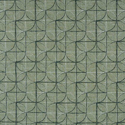 Moss green textured fabric with an interlocking circle motif in dark gray, a geometric upholstery pattern.
