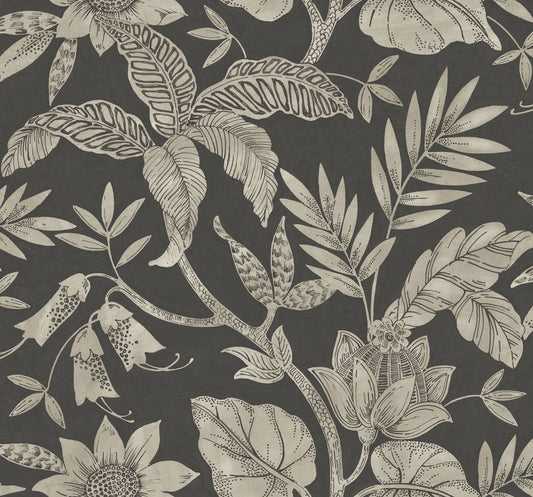 Seabrook Designs Boho Rhapsody Rainforest Leaves Botanical Bohemian Black Matte Sidewall - RY30200