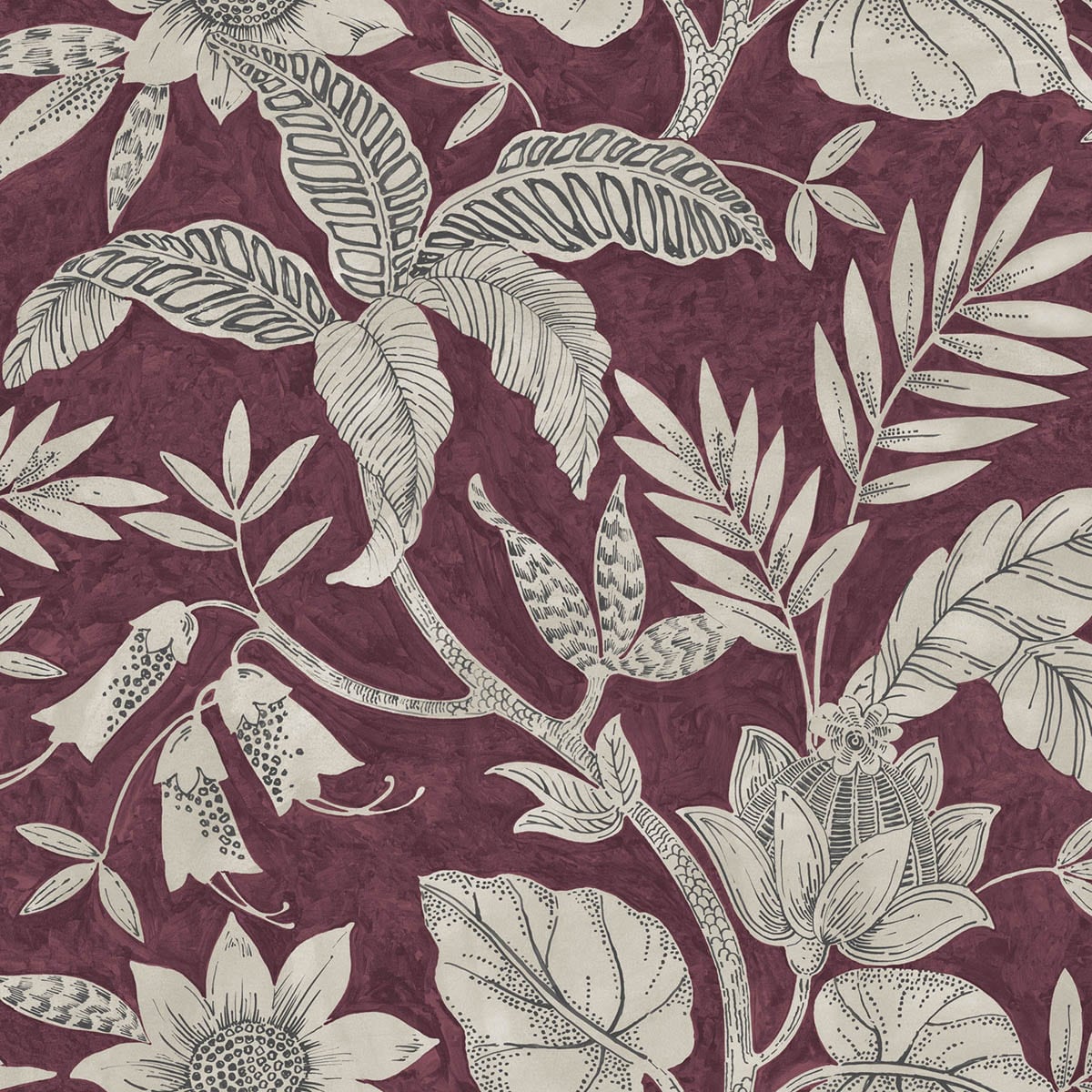 Seabrook Designs Boho Rhapsody Rainforest Leaves Botanical Bohemian Red Matte Sidewall - RY30201