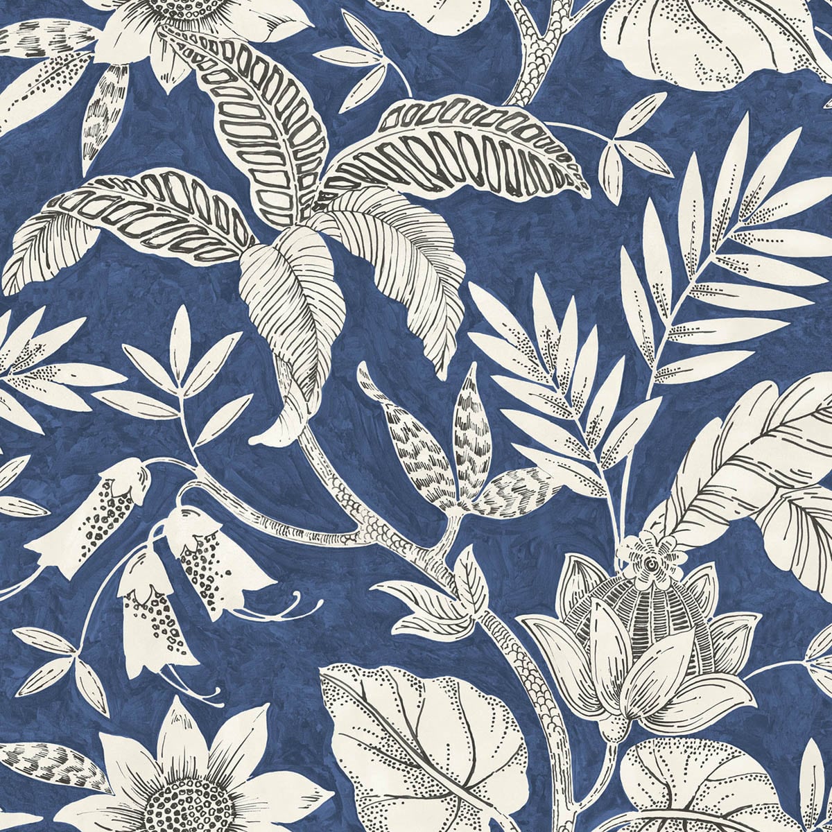 Seabrook Designs Boho Rhapsody Rainforest Leaves Botanical Bohemian Blue Matte Sidewall - RY30202