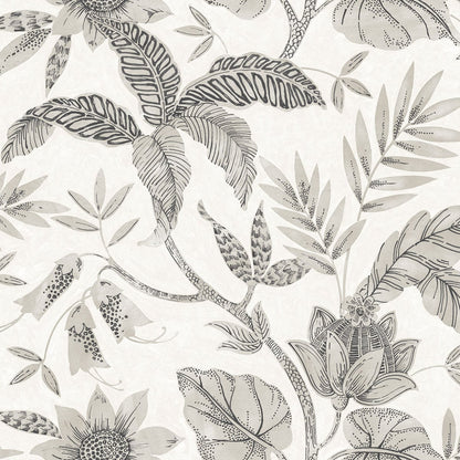 Monochrome beige botanical wallpaper with rainforest leaves and blossoms in a vintage engraving style.
