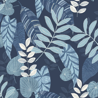 Seabrook Designs Boho Rhapsody Tropicana Leaves Botanical Bohemian Blue Matte  - RY30902