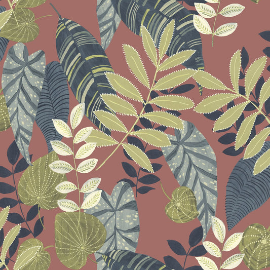 Seabrook Designs Boho Rhapsody Tropicana Leaves Botanical Bohemian Red Matte Sidewall - RY30906