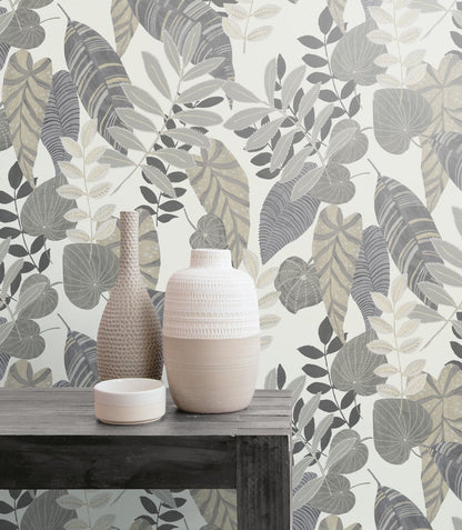 Seabrook Designs Boho Rhapsody Tropicana Leaves Botanical Bohemian Grey Matte  - RY30908