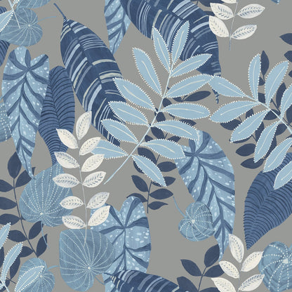 Seabrook Designs Boho Rhapsody Tropicana Leaves Botanical Bohemian Blue Metallic  - RY30912