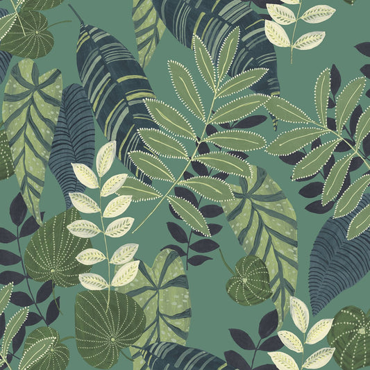 Seabrook Designs Boho Rhapsody Tropicana Leaves Botanical Bohemian Green Matte Sidewall - RY30914