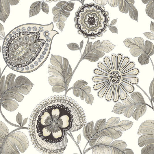 Seabrook Designs Boho Rhapsody Calypso Paisley Leaf Botanical Bohemian Grey Matte Sidewall - RY31200