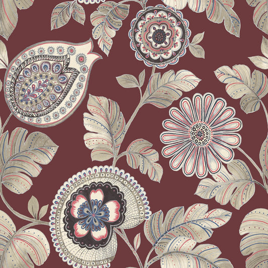 Seabrook Designs Boho Rhapsody Calypso Paisley Leaf Botanical Bohemian Red Matte Sidewall - RY31201