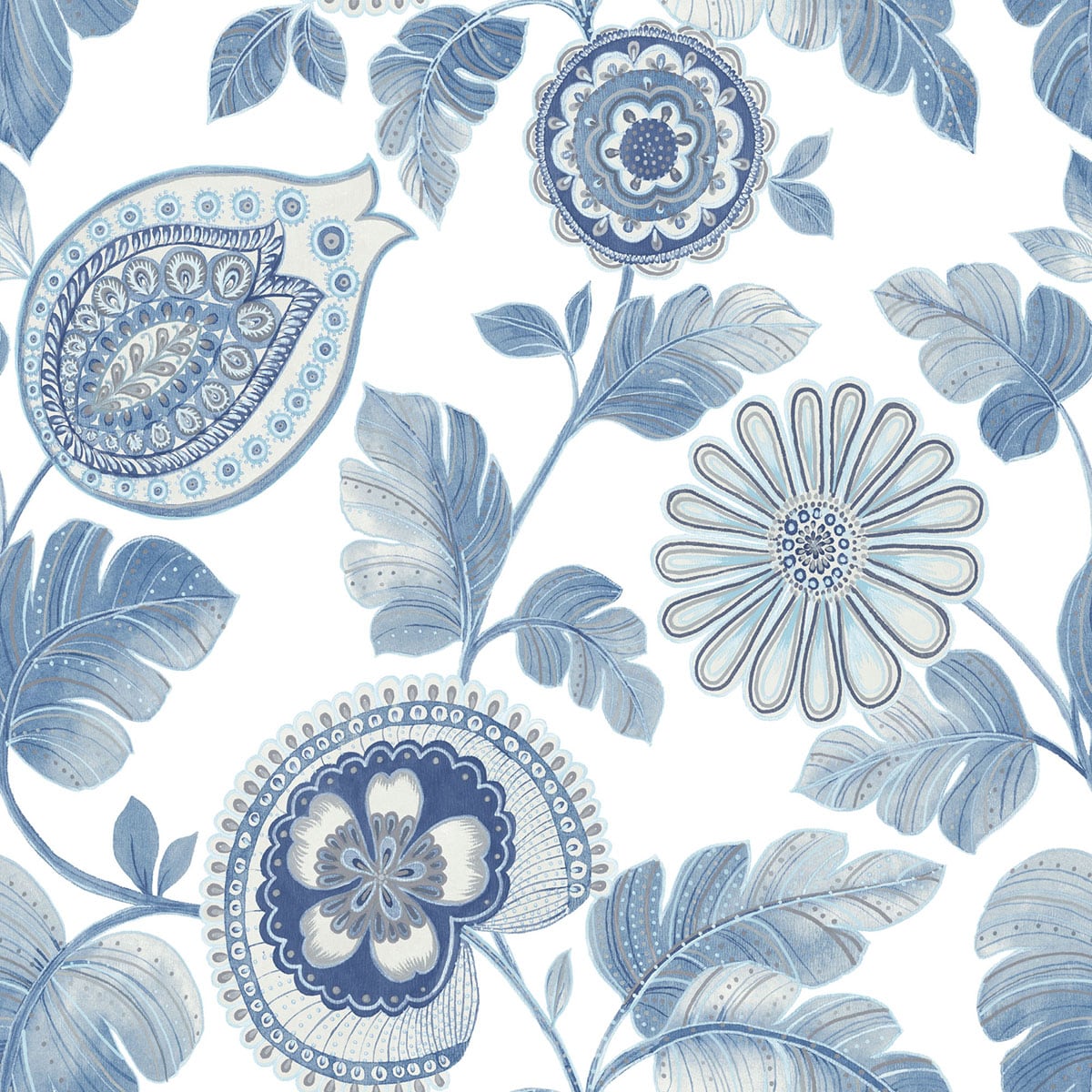 Seabrook Designs Boho Rhapsody Calypso Paisley Leaf Botanical Bohemian Blue Matte Sidewall - RY31202