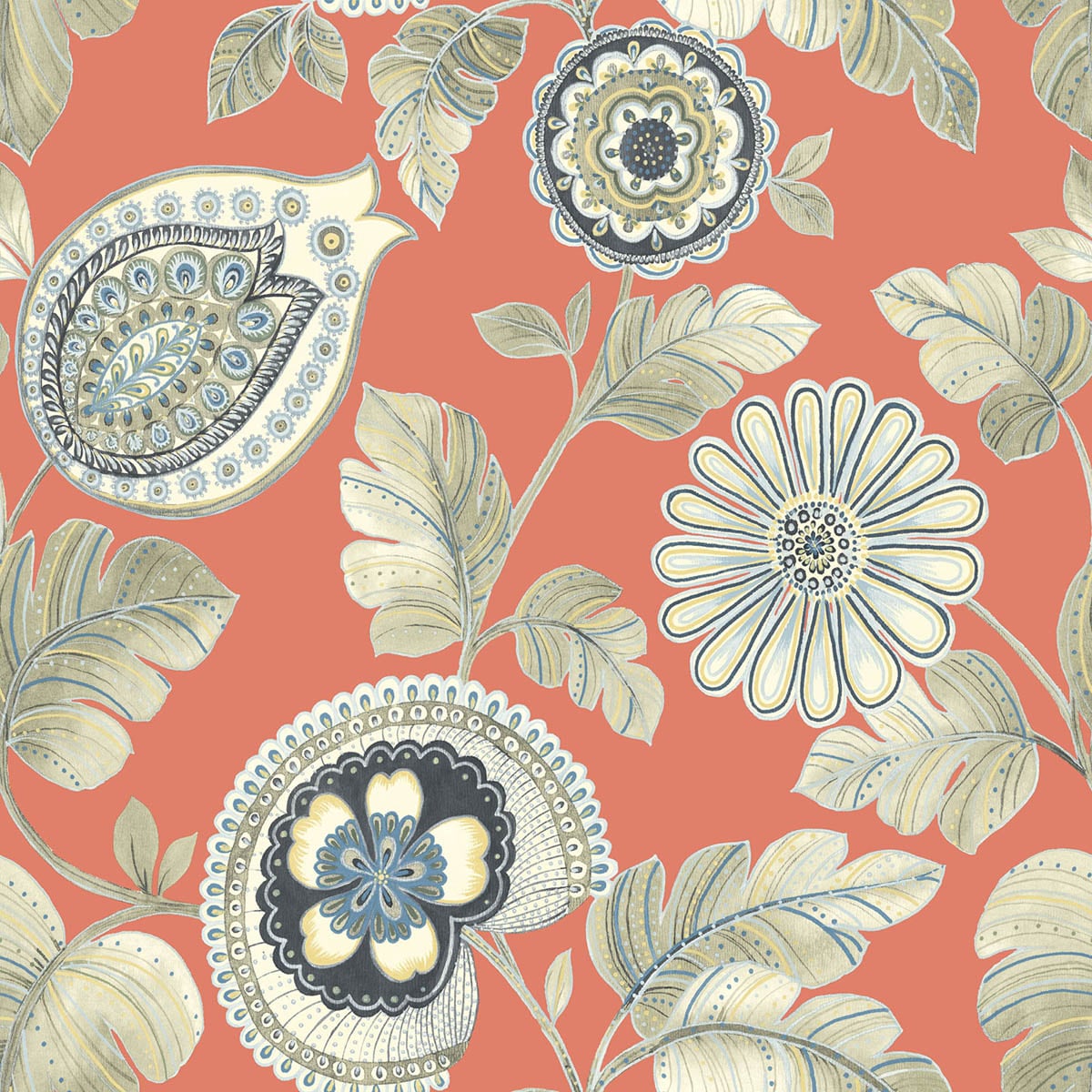 Seabrook Designs Boho Rhapsody Calypso Paisley Leaf Botanical Bohemian Orange Matte Sidewall - RY31206