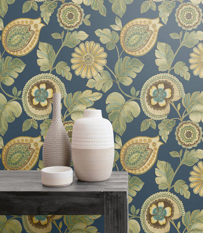 Seabrook Designs Boho Rhapsody Calypso Paisley Leaf Botanical Bohemian Blue Matte  - RY31212
