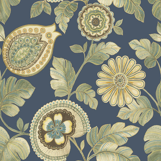 Seabrook Designs Boho Rhapsody Calypso Paisley Leaf Botanical Bohemian Blue Matte Sidewall - RY31212