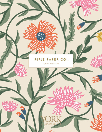 Bright pink wallpaper mural featuring whimsical garden florals.