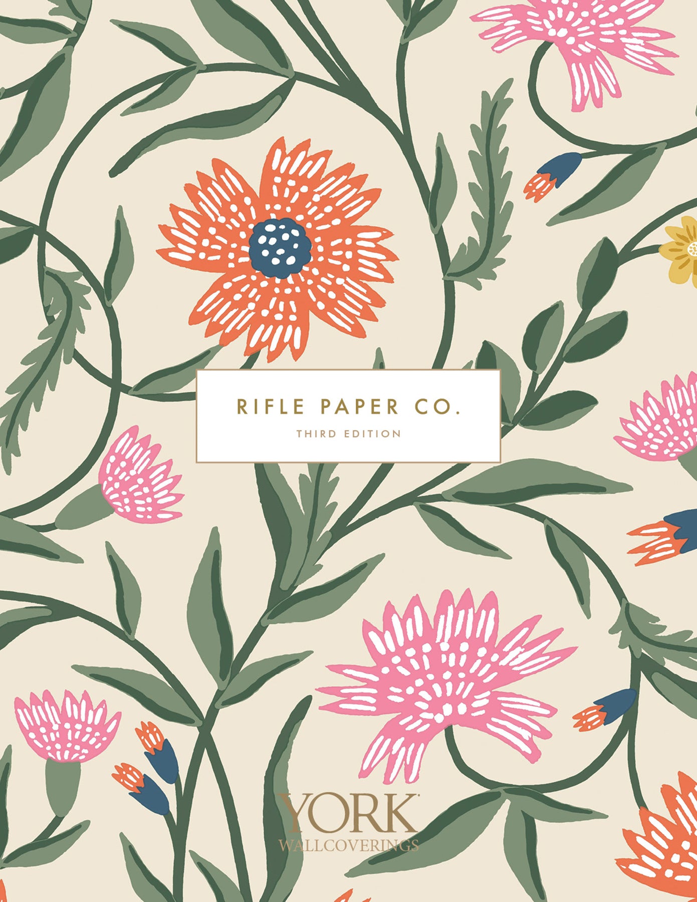 Teal wallpaper with a climbing vine pattern and whimsical botanical greens; Rifle Paper Co. York Wallcoverings cover art.