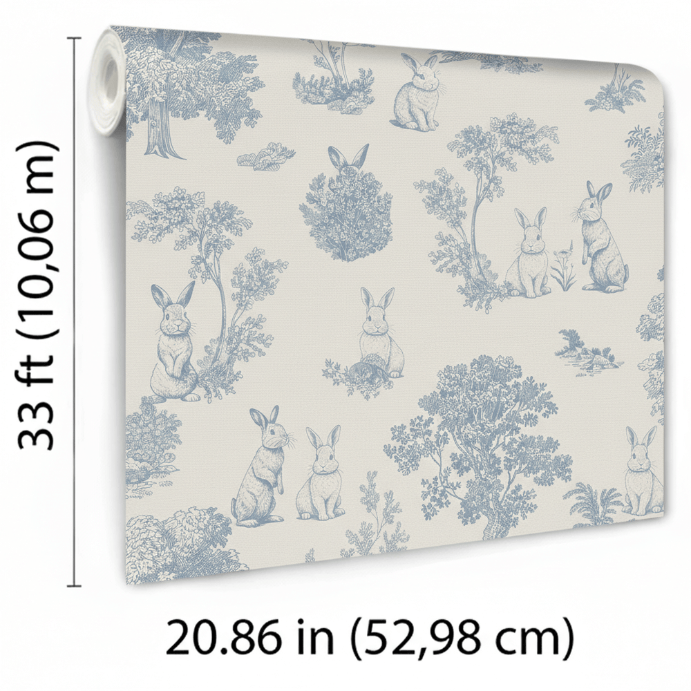 VEER DECOR Cottontails Bunny Toile Blue Wallpaper Kids;,Nurseries Kids Rooms, Nurseries Blue  Wallpaper - VRSD01-71