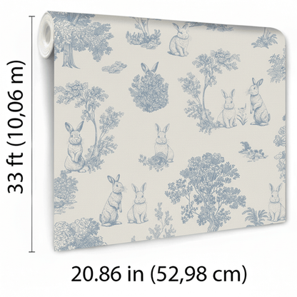VEER DECOR Cottontails Bunny Toile Blue Wallpaper Kids;,Nurseries Kids Rooms, Nurseries Blue  Wallpaper - VRSD01-71