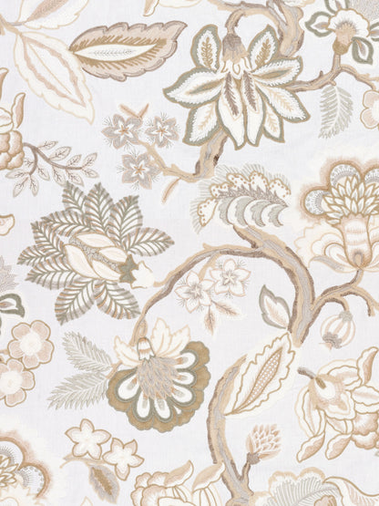 Ivory crewel fabric with a neutral beige, cream and sage floral pattern on a light background; suitable for upholstery or drapery.