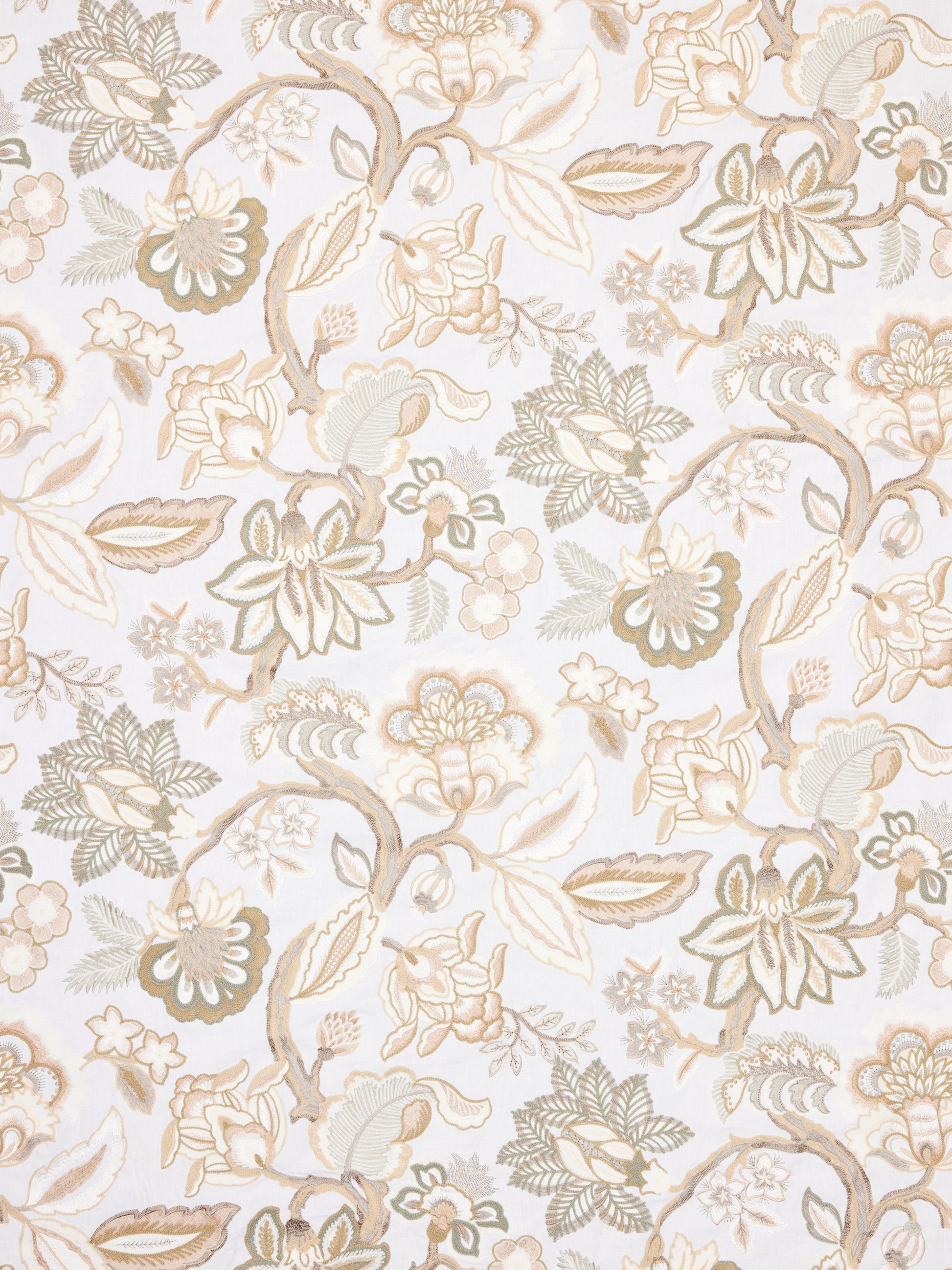Ivory crewel fabric with a floral damask pattern of scrolling branches and blossoms in beige, sage green and pale brown.