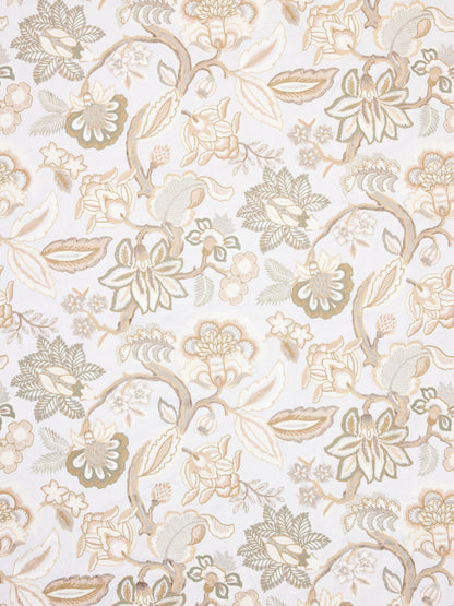 Ivory crewel fabric with a floral damask pattern of scrolling branches and blossoms in beige, sage green and pale brown.