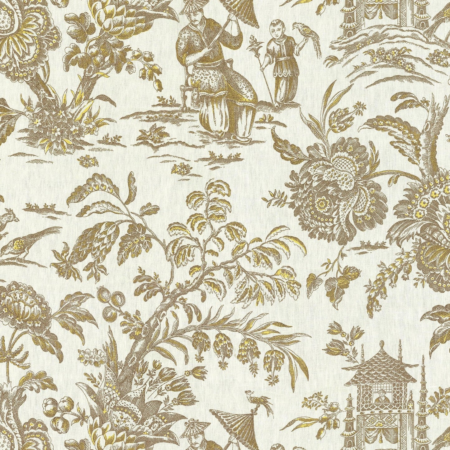 Brown toile fabric featuring villagers, trees and flowers with a pavilion motif; linen texture.