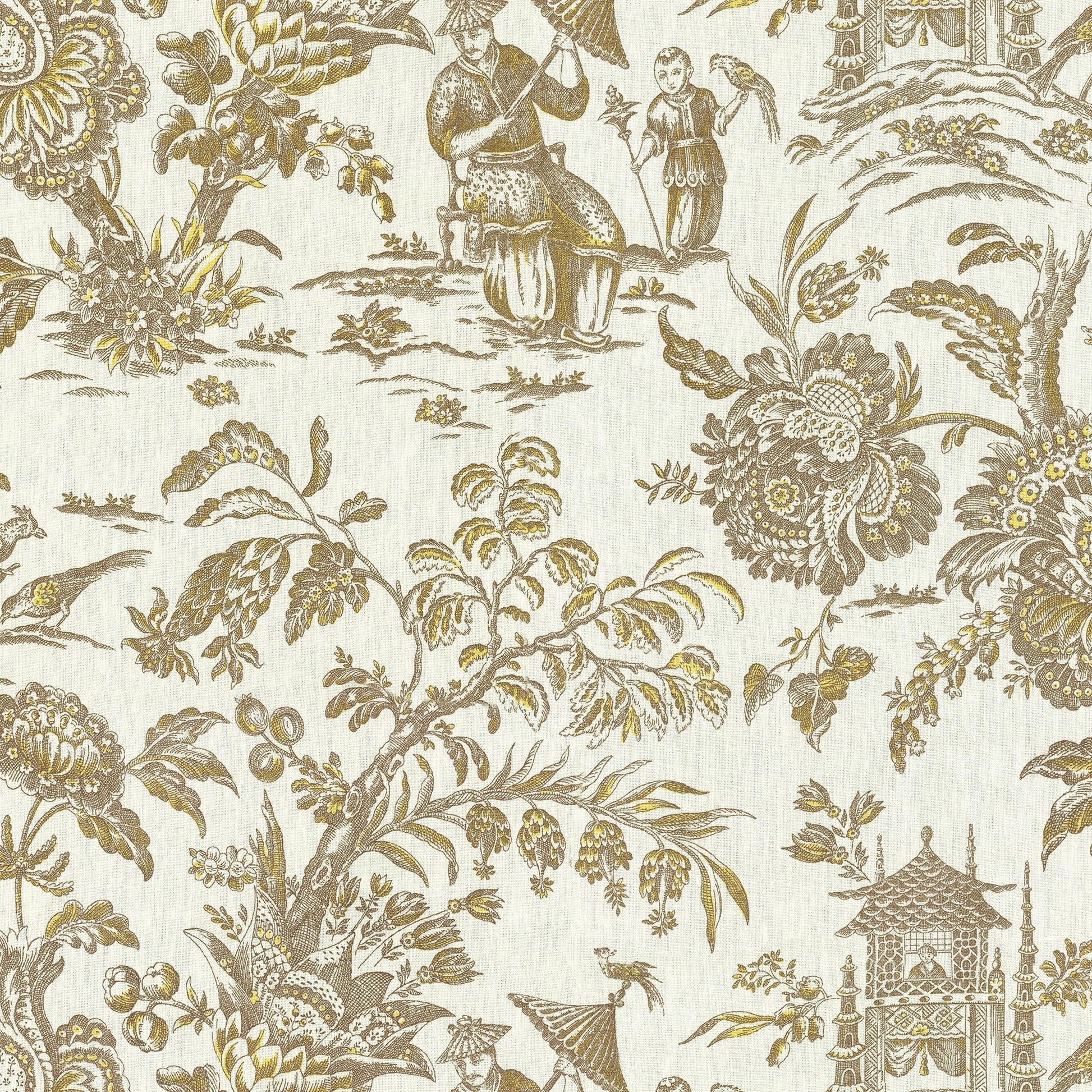 Brown toile fabric featuring villagers, trees and flowers with a pavilion motif; linen texture.