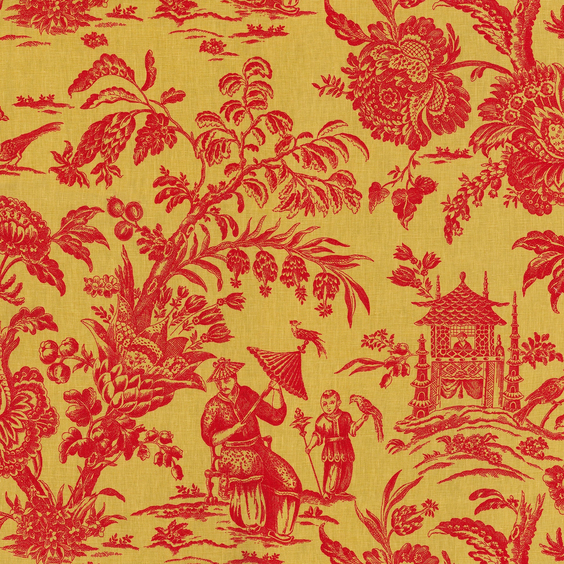 Burgundy red fabric with chinoiserie scene: people, parasol, pagoda, and trees; damask-style botanical print.