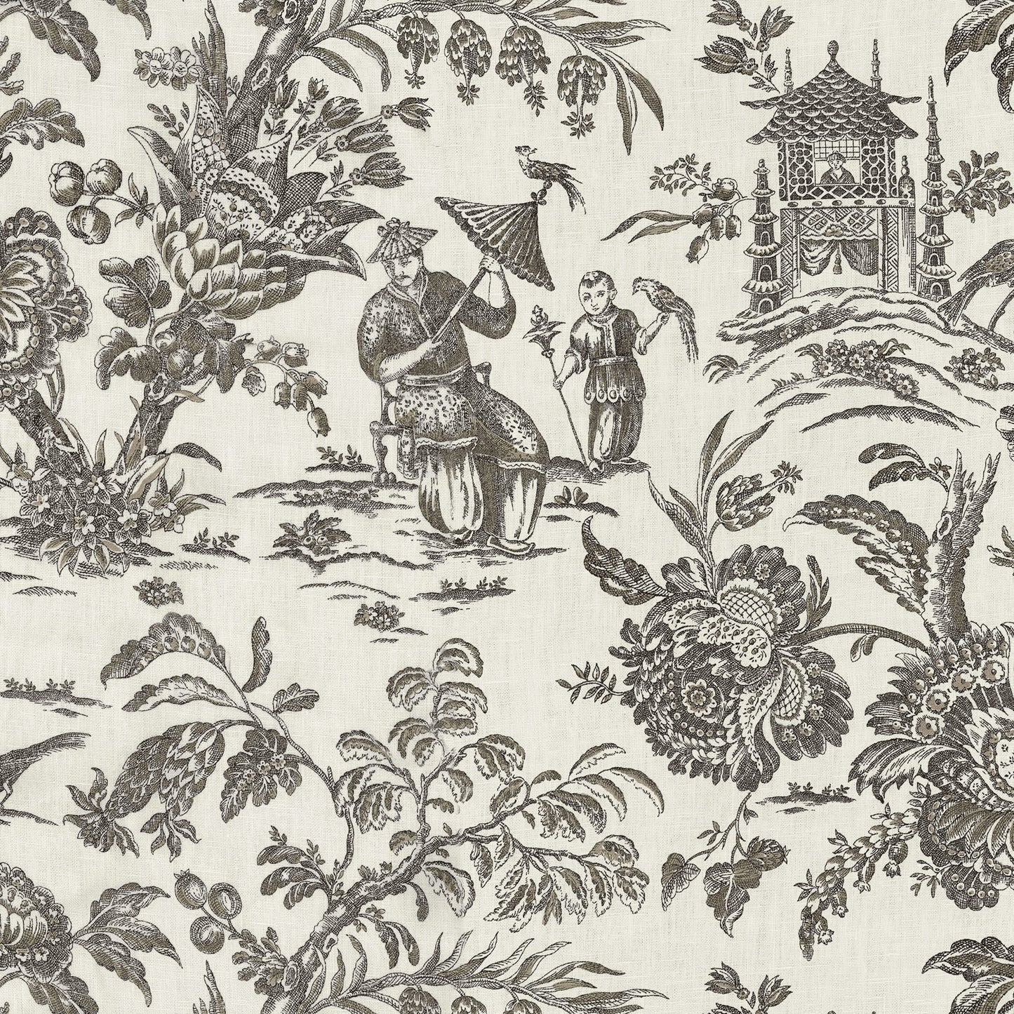 Black toile de Jouy on linen fabric featuring villagers, parasol, pavilion and birds; suitable for upholstery or curtains.