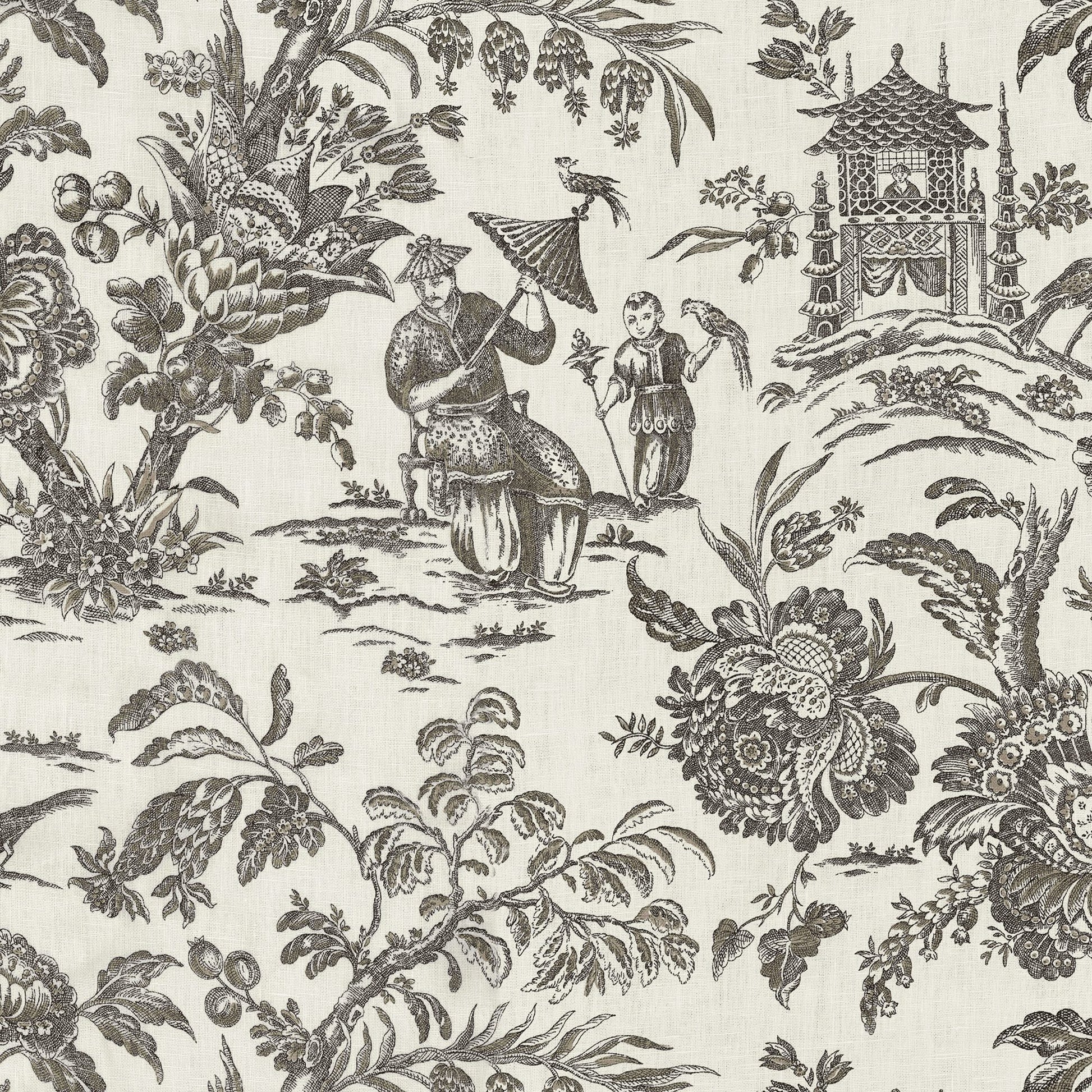 Black toile de Jouy on linen fabric featuring villagers, parasol, pavilion and birds; suitable for upholstery or curtains.