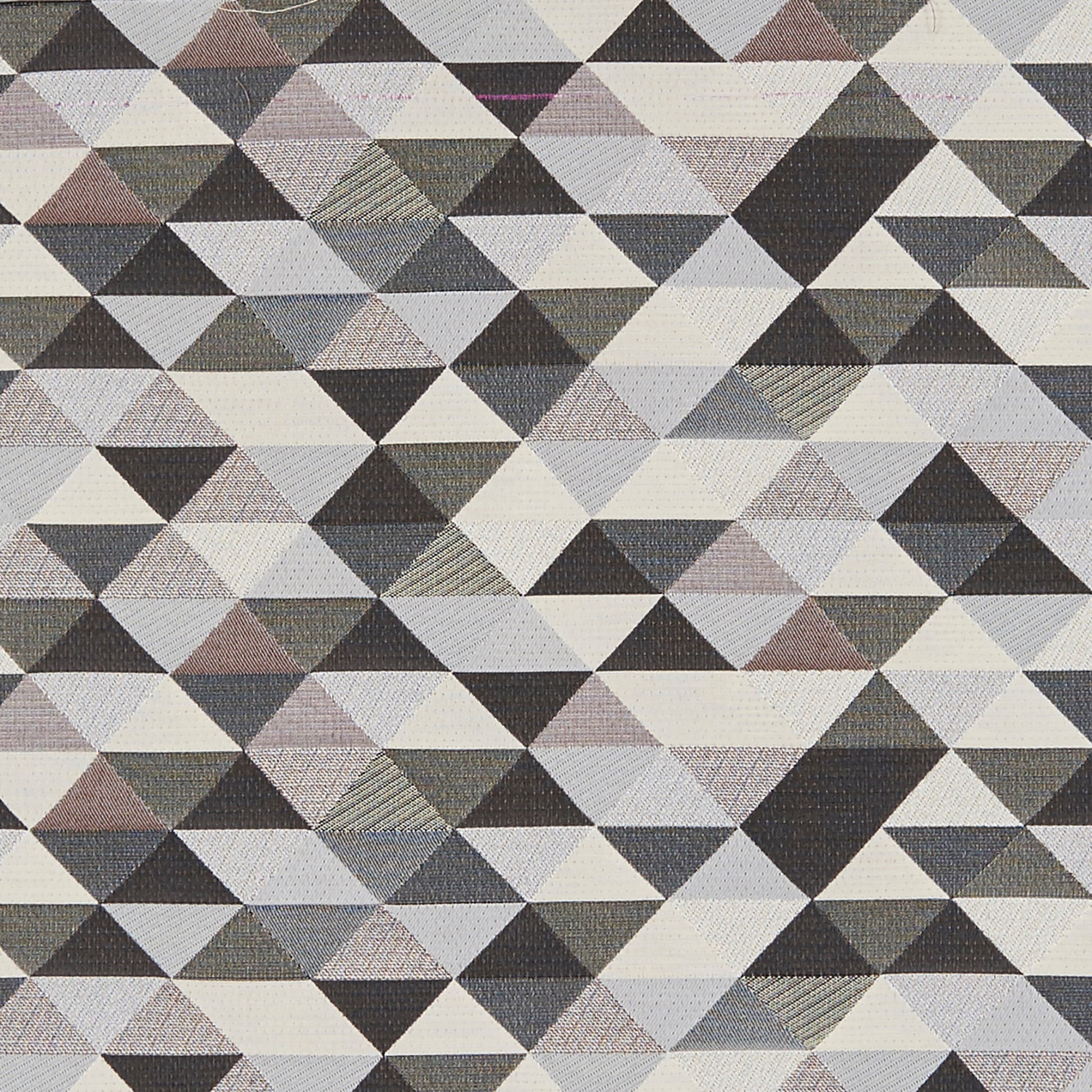 Geometric fabric pattern of small triangles in cream, taupe, gray and black forming diamonds.