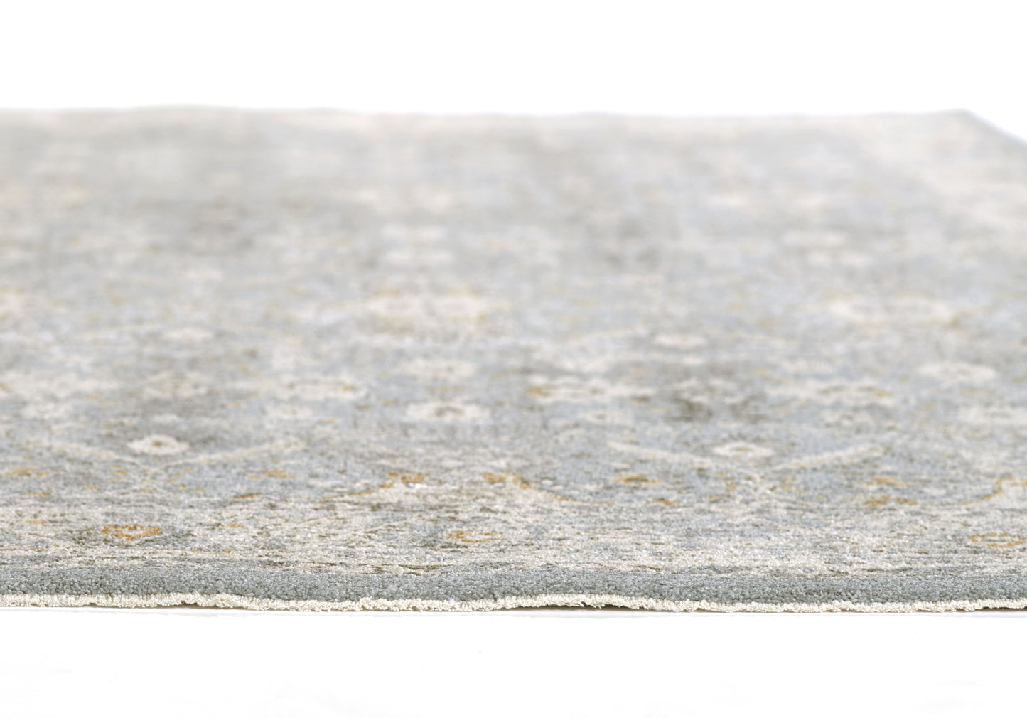 Blue-gray flat-weave runner with a subtle mottled pattern; low-pile, suitable for living spaces; 3' x 8'.
