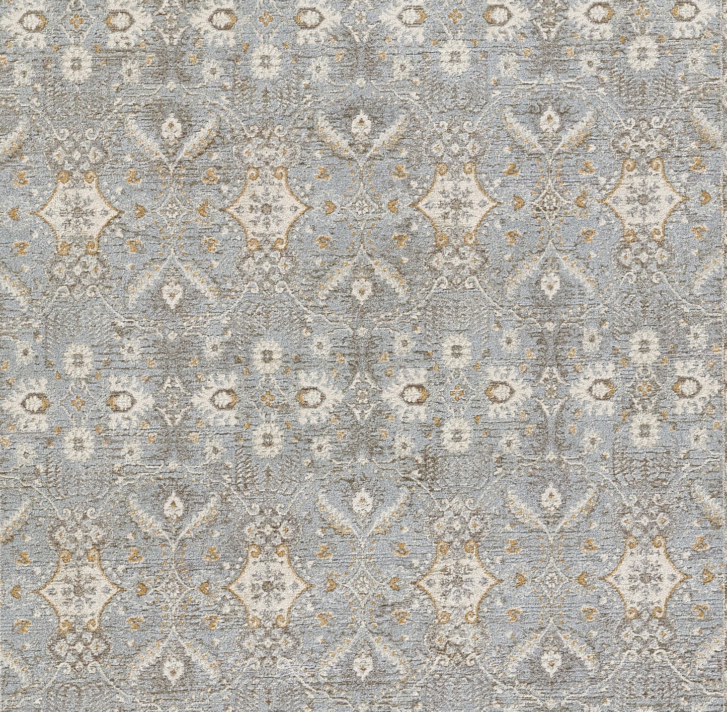 Blue-gray damask runner with ivory and tan floral motifs; ornate scrollwork, vintage textile look.