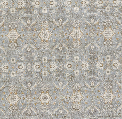 Blue-gray damask runner with ivory and tan floral motifs; ornate scrollwork, vintage textile look.