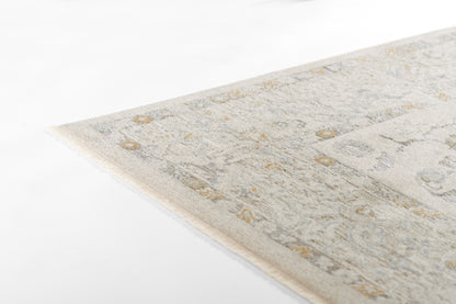 Muted gray and ivory oriental rug with subtle beige motifs; flat-weave, 9' x 12', rectangular, ideal for living room decor.