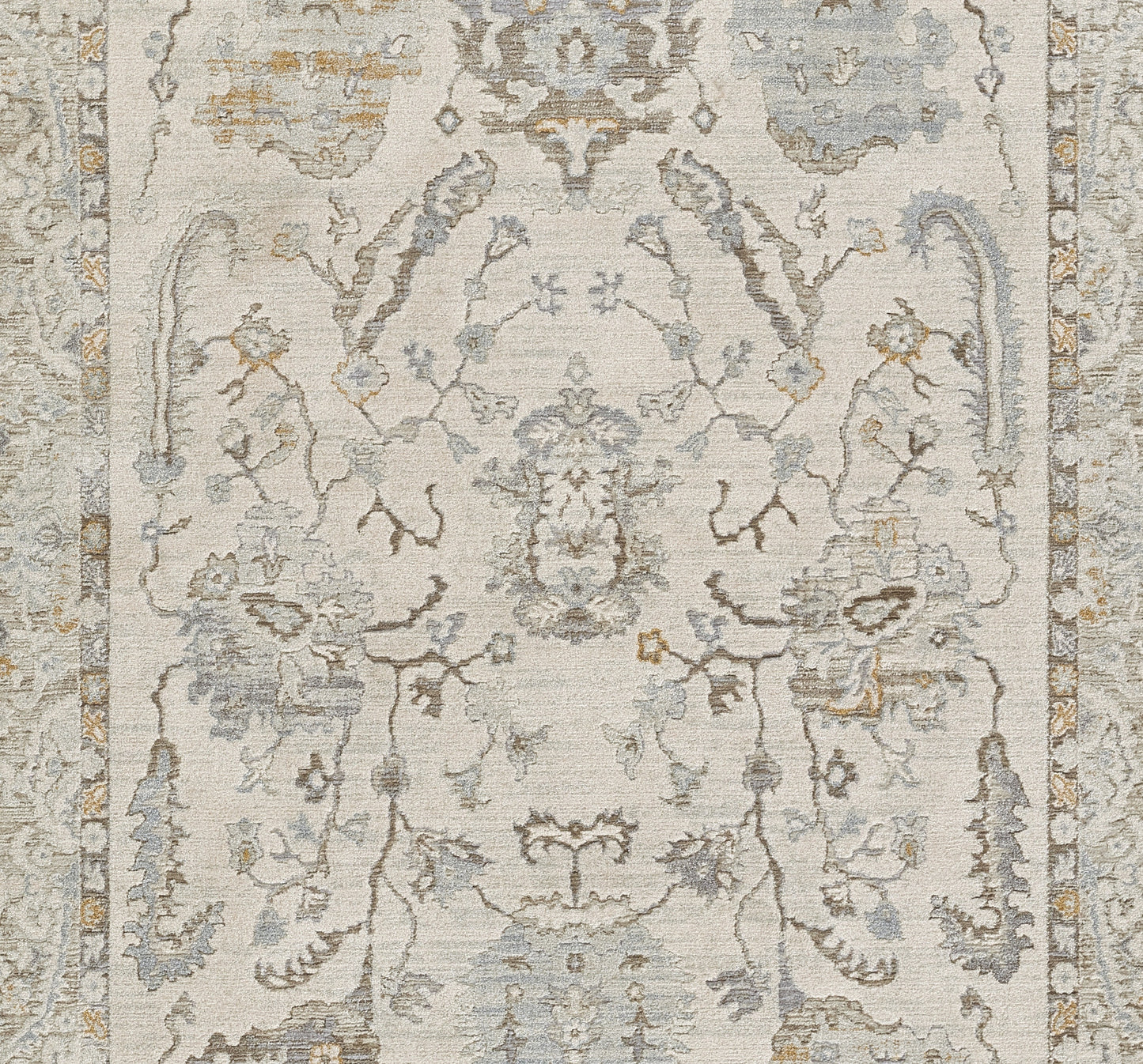 Rectangular cream/ivory Persian-style area rug with blue-gray and taupe floral motifs, central medallion, ornate border.