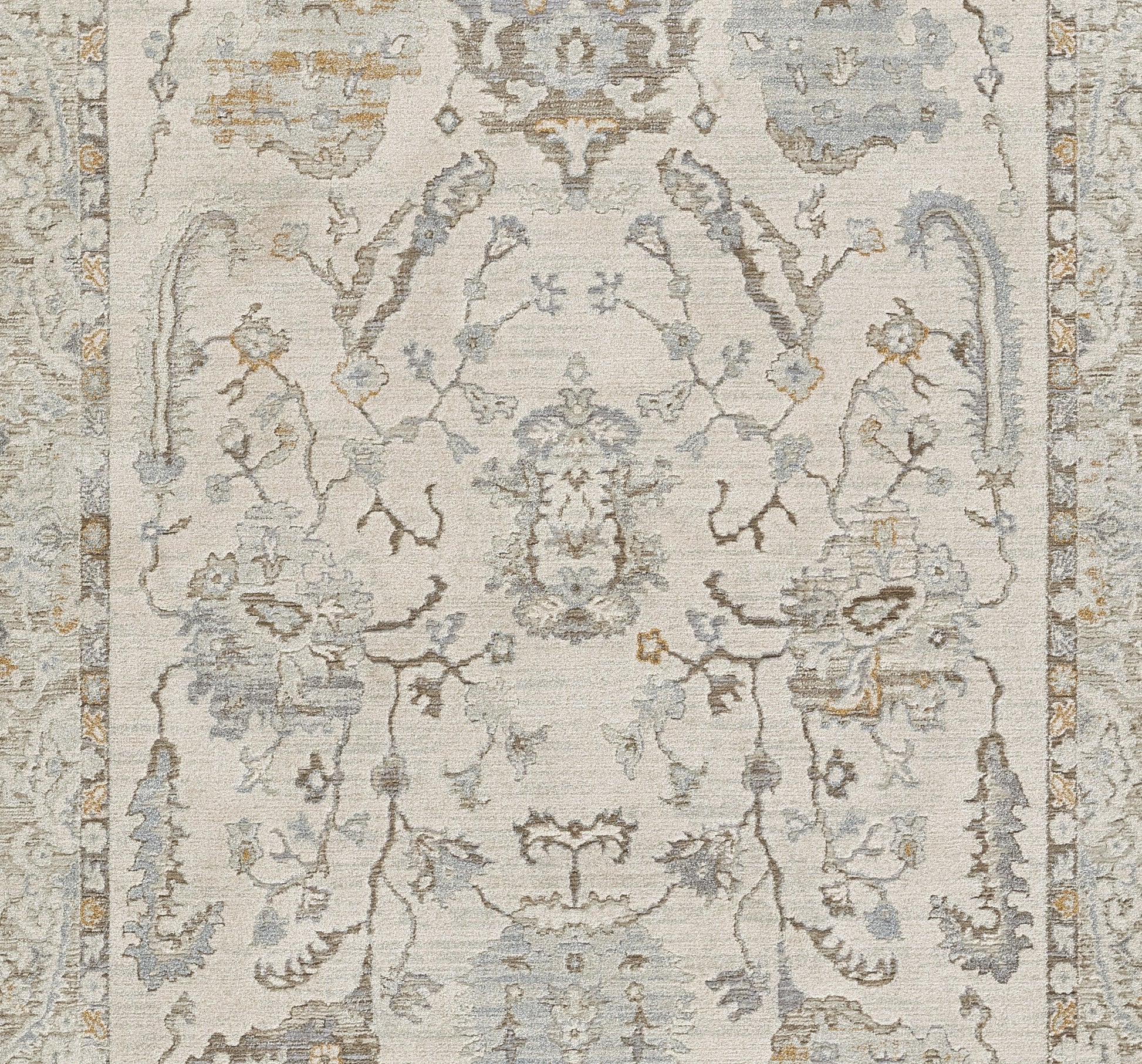 Rectangular cream/ivory Persian-style area rug with blue-gray and taupe floral motifs, central medallion, ornate border.