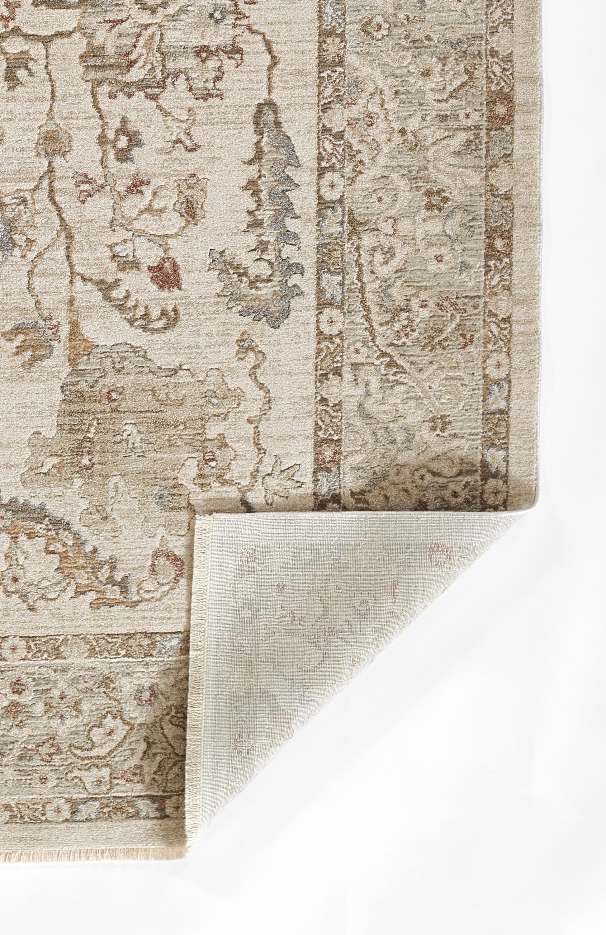 Beige Persian-style rug with brown floral border and subtle grey accents; woven pile, folded corner reveals texture.