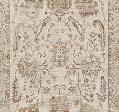Cream oriental rug with distressed floral vines, muted blue and rose accents; rectangular, traditional Persian design.