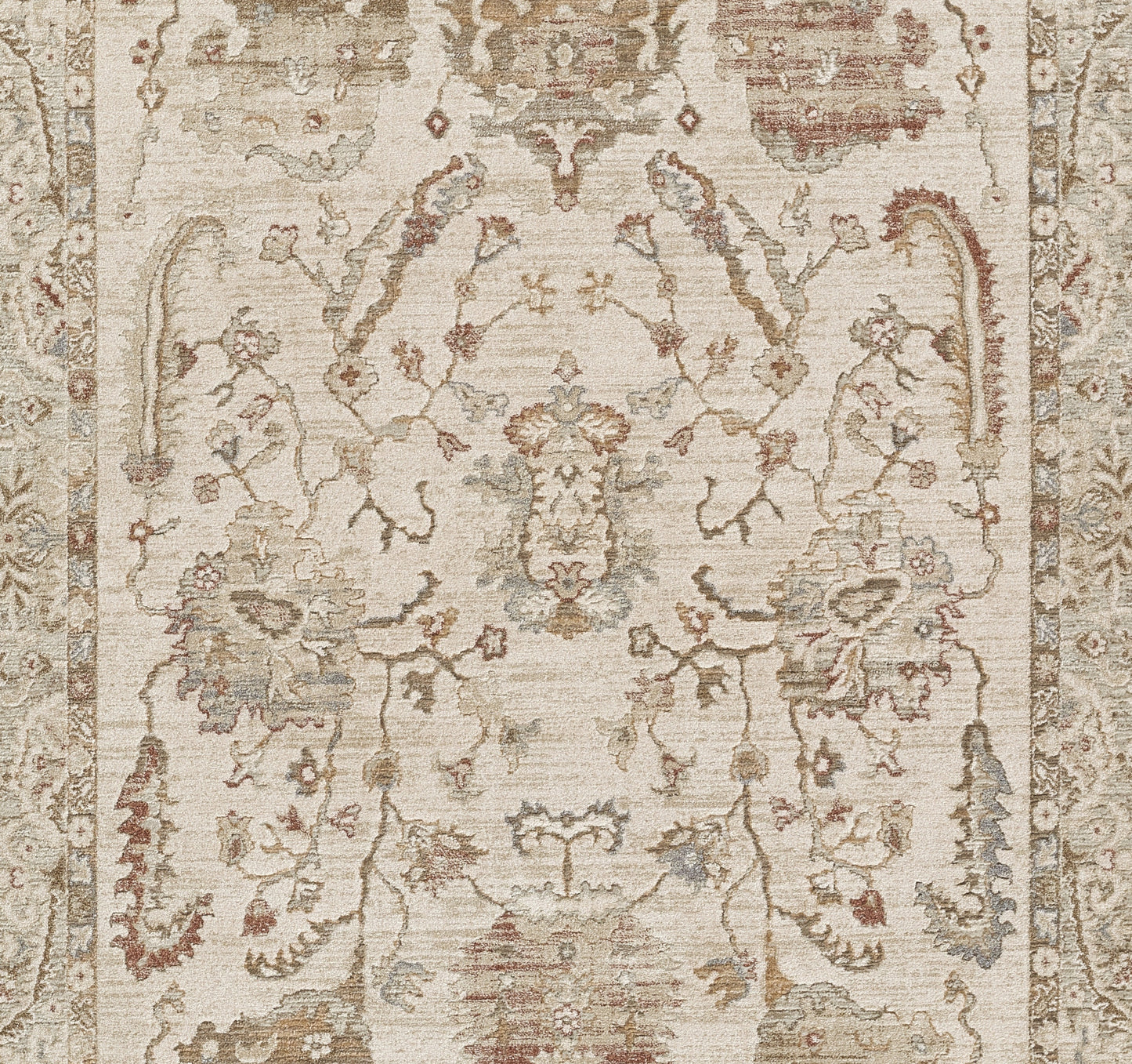 Beige oriental area rug with cream floral medallions & subtle rust/blue accents, distressed vintage look.