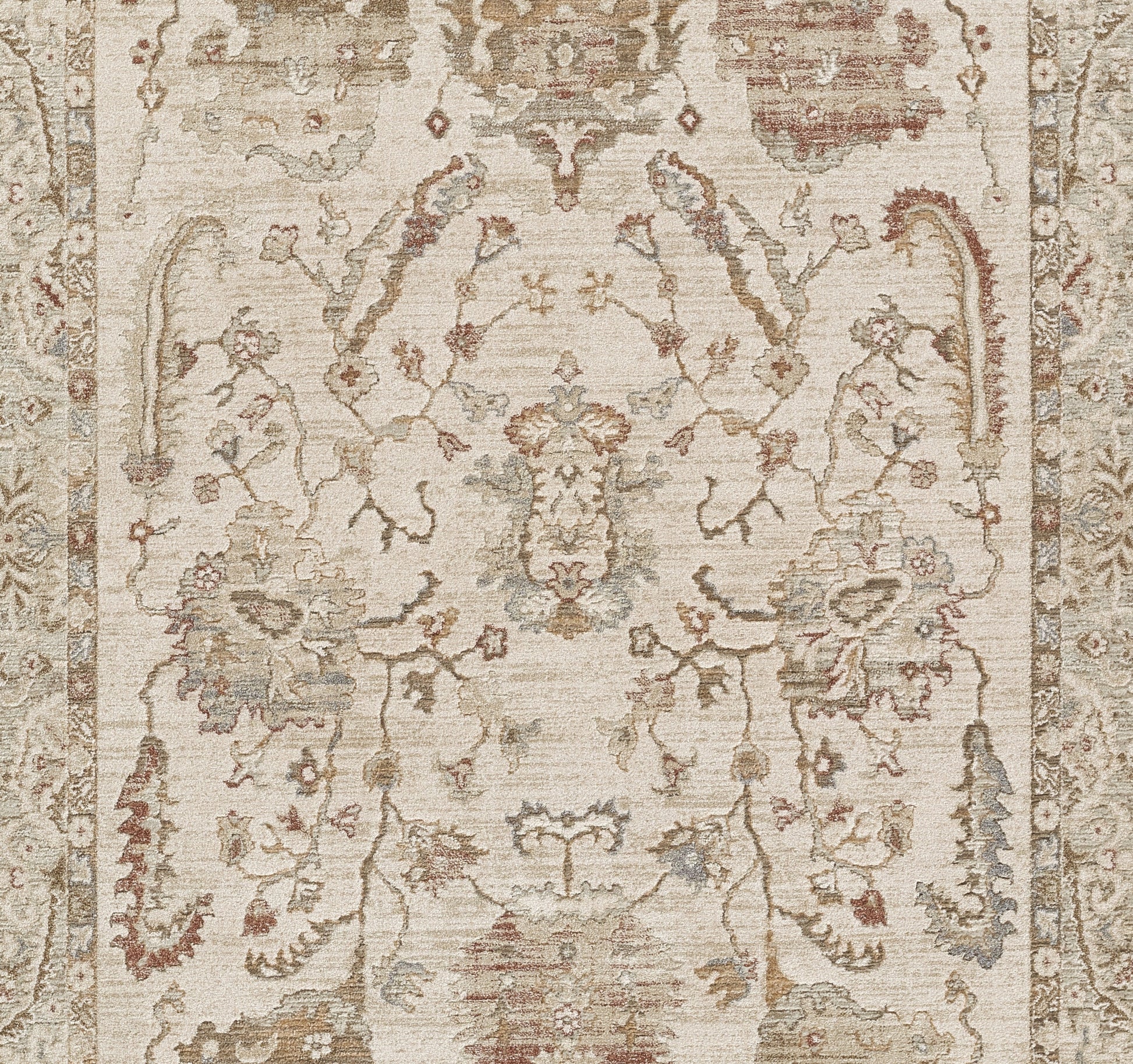 Neutral beige oriental rug with a faded floral medallion pattern; ivory field with taupe and sage accents and muted red.