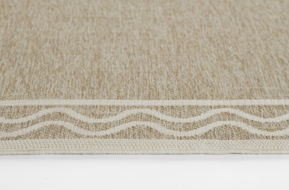 Beige textured jute rug, 5' x 7', with a white wavy border along the edge; rectangular, casual coastal style.